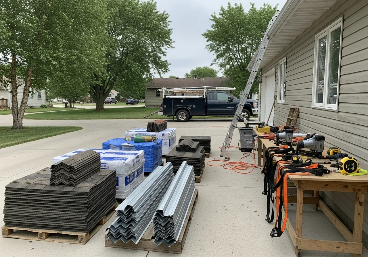 Roofing crew and tools staged on a residential job site, demonstrating professional installation setup and equipment readiness.