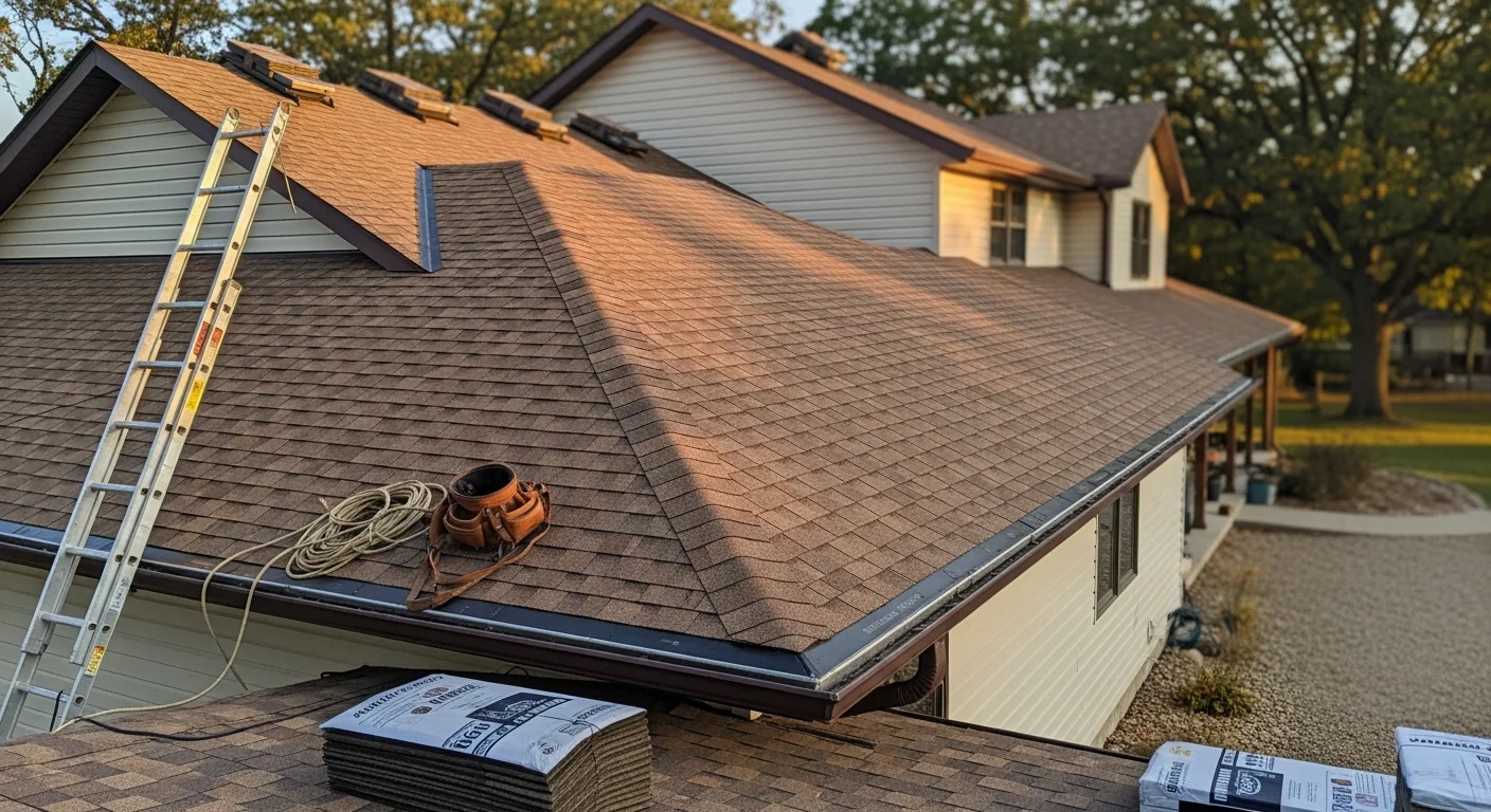 Professional roofer installing shingles on residential home in Iowa