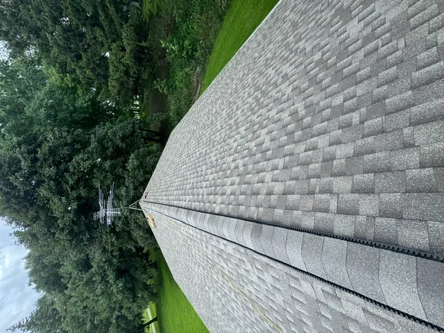 Gray architectural shingles installed on sloped residential roof with clean drip edge