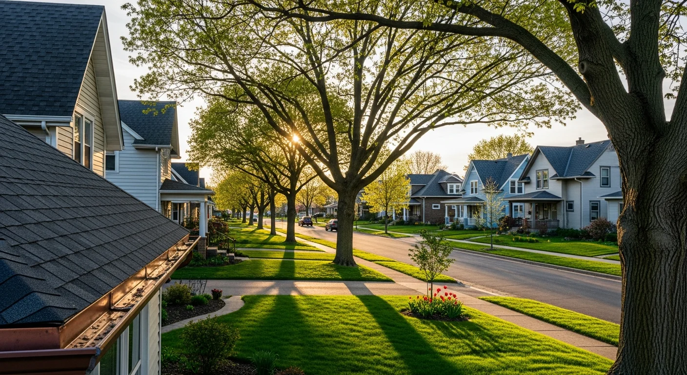 Mason City residential street with well-maintained homes and mature trees lining the neighborhood.