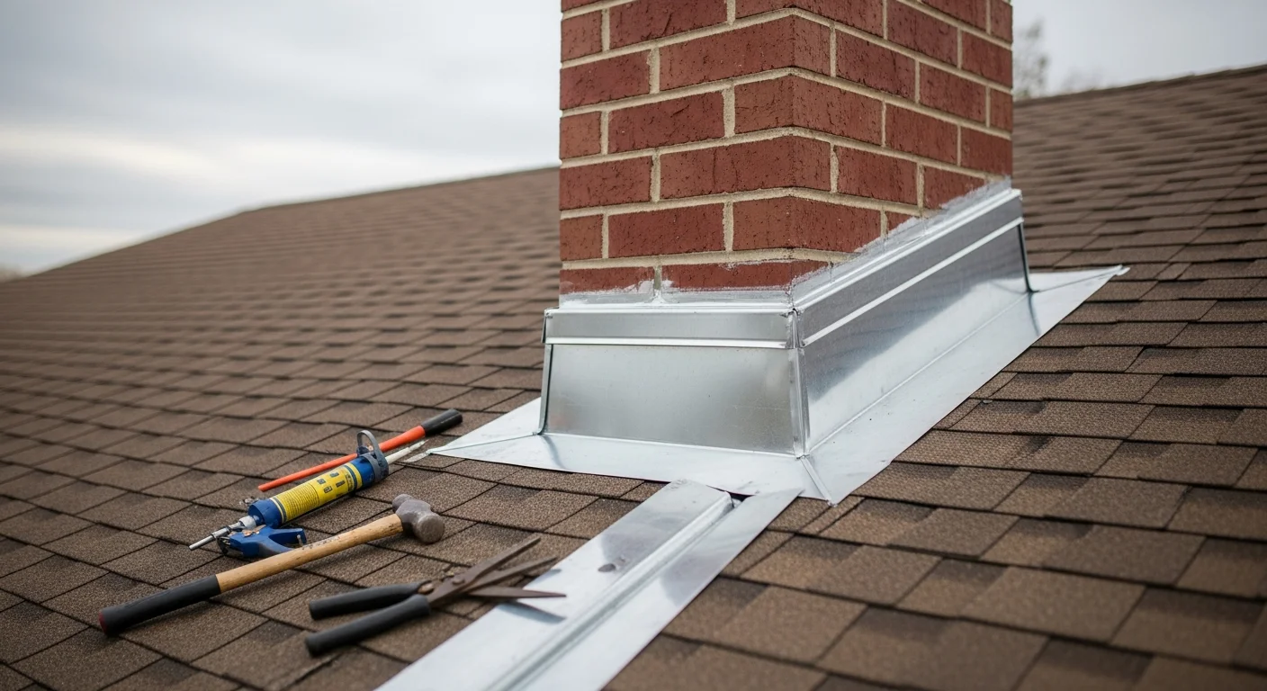 A freshly installed metal roof flashing seal around a brick chimney on a residential home in Mason City, Iowa. The flashing sits flat against the roof slope with clean, tight seams at every transition point.
