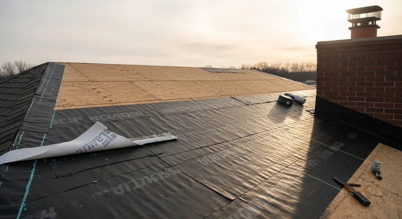 Close-up of ice and water shield membrane being applied to a residential roof deck in Mason City, Iowa, covering the eave edge and valley before shingle installation. The self-adhesive membrane lies flat against the plywood decking with visible overlap at the seam.