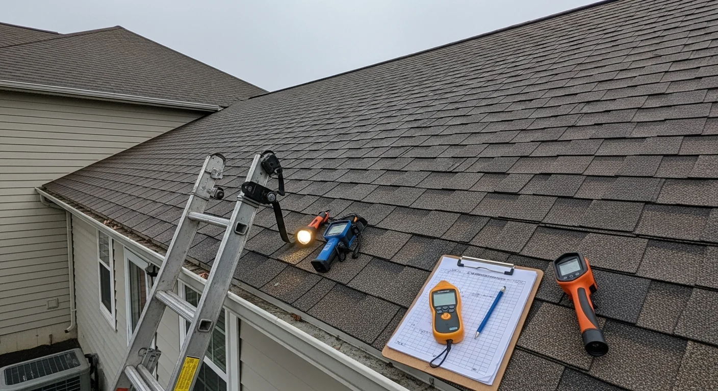 A Just Roof It inspector examining shingles, flashing, and ridge details on a residential roof in Mason City, Iowa. Close-up view showing wear patterns and attic vent condition typical of North Iowa homes.