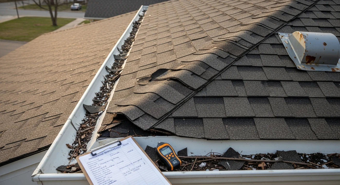 A Just Roof It roofing contractor inspecting shingles and flashing on a residential home in Mason City, Iowa. The inspector examines the roof surface up close for signs of hail damage and granule loss.