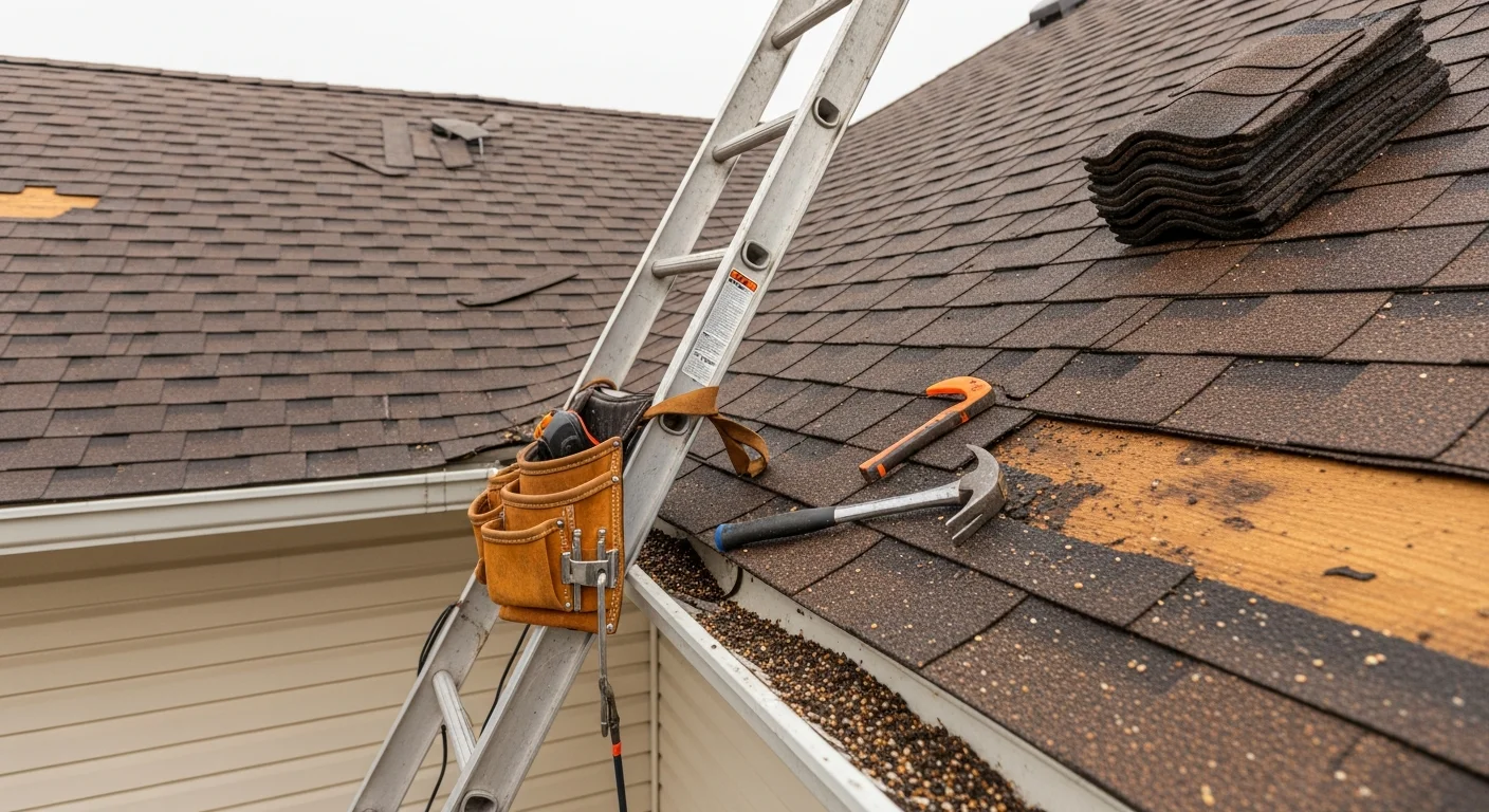 A Just Roof It crew member inspecting hail-damaged shingles on a residential roof in Mason City, Iowa. Close-up view shows granule loss and cracked shingle edges typical of North Iowa storm damage.