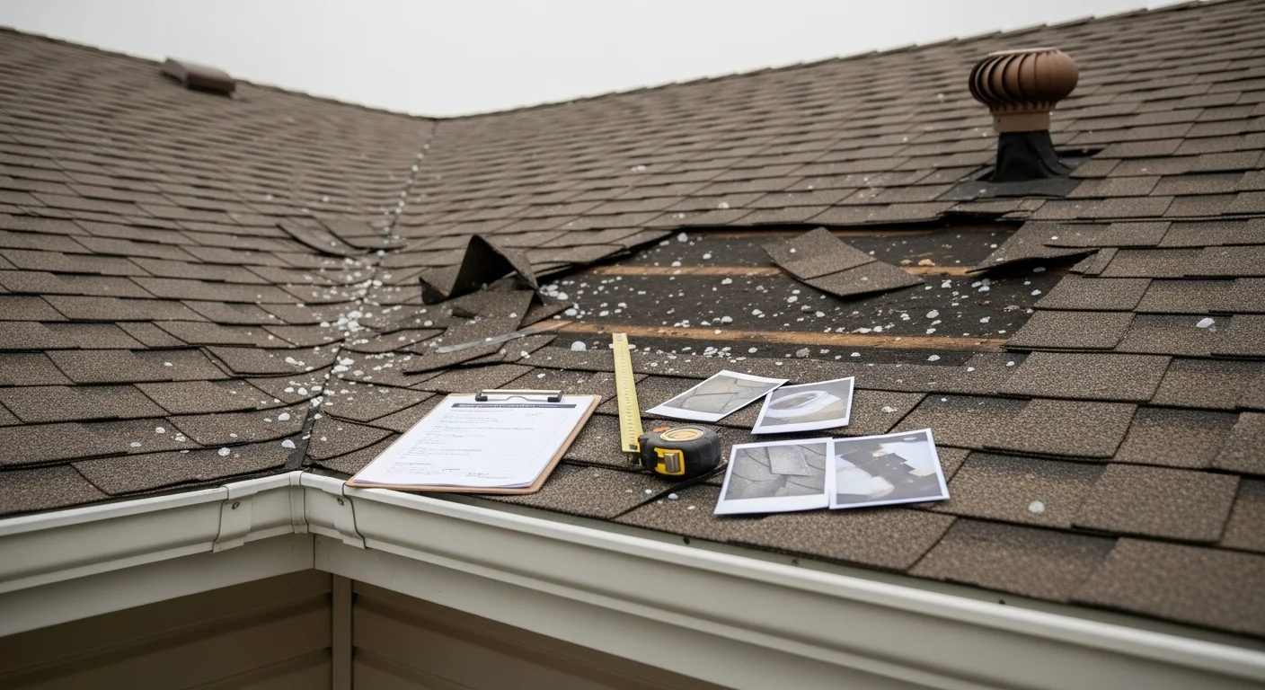 A Just Roof It inspector examining shingle and flashing damage on a single-family home roof in Mason City, Iowa following a hail and wind storm. Close-up view shows impact marks on shingles and displaced flashing along the roof edge.