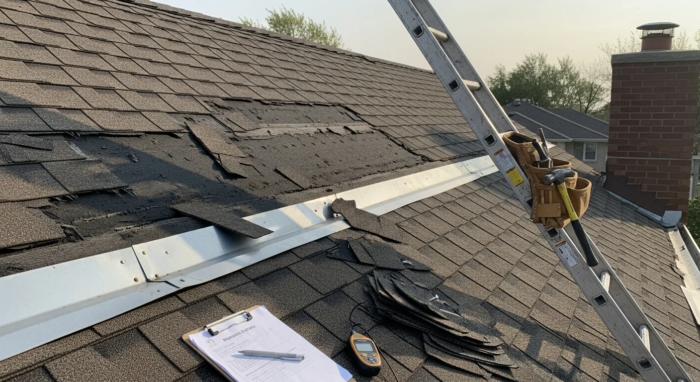 A Mason City, Iowa single-family home roof showing repaired shingles and sealed flashing after a hail and wind storm. Just Roof It crew completing storm damage roof repair on an older-construction home in Cerro Gordo County.